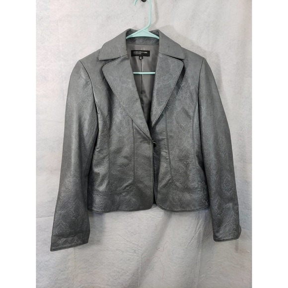 Jones New York Gray Leather jacket. Like new condition. Medium. floral embossing - Picture 1 of 3